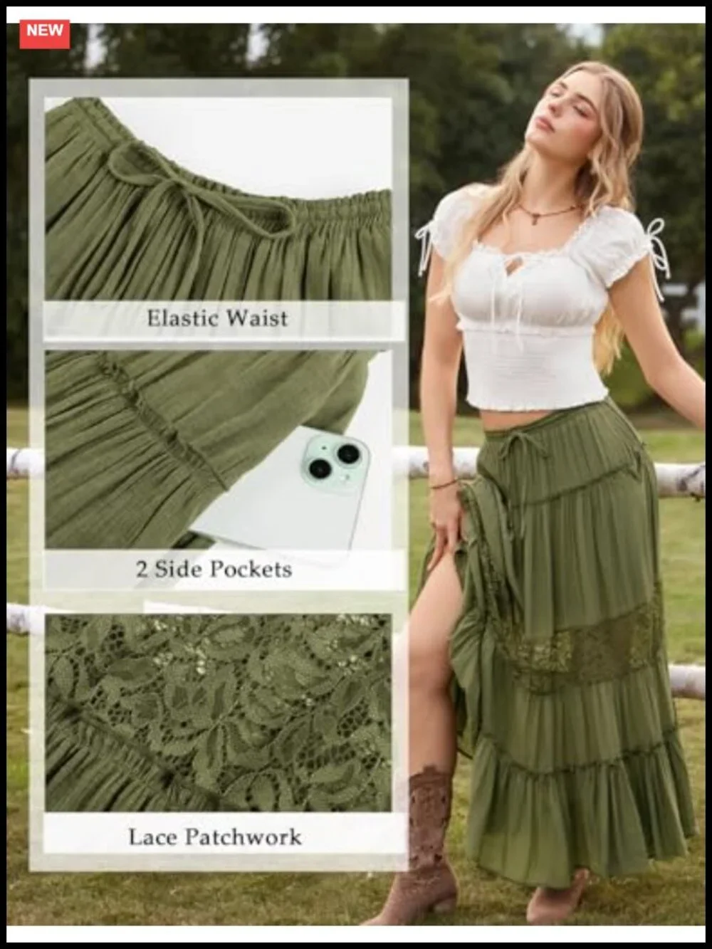 Boho Tiered Lace Maxi Skirt Flowy A-Line with Pockets Renaissance